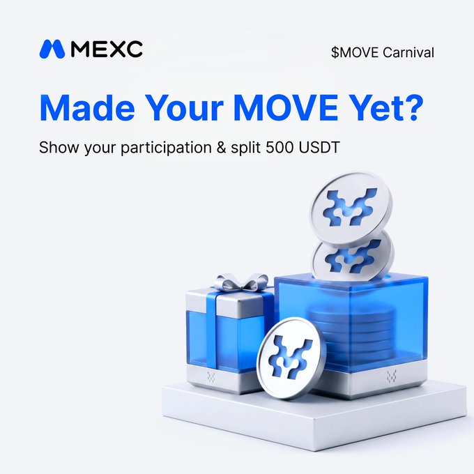 A MEXC promotional graphic for the "$MOVE Carnival" featuring the headline "Made Your MOVE Yet?" with a call to "Show your participation & split 500 USDT," alongside 3D renders of silver $MOVE coins stacked on a gift box and coin-filled display, directly supporting the post's campaign inviting users to share screenshots of their participation by September 20 to win a share of the $500 prize pool.