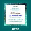 The image displays a DTCC "Notice of Implementation" dated March 31, 2025, announcing JPMorgan and Invesco's plans for tokenized traditional equity collateral on DTCC's digital asset platform, visually reinforcing the post's announcement about blockchain-based tokenization of assets like $QQQ.