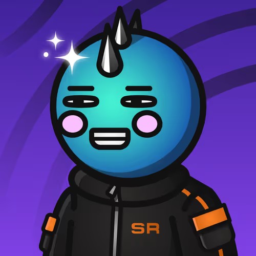 A cartoon character with a blue face, a small horn, and star-shaped sparkles near its head wears a black jacket with "SR" displayed on the chest, set against a purple background. The character's polished, stylish look reinforces the "Clean aesthetic" theme through its sleek design and vibrant color palette.