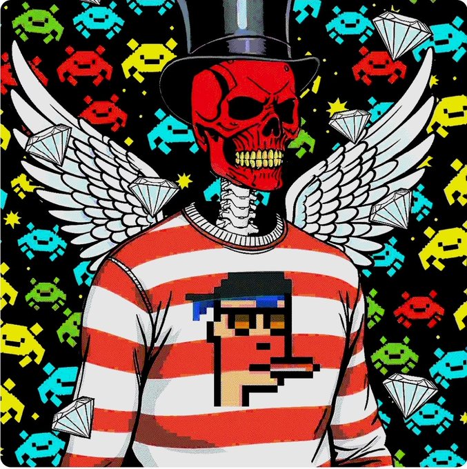The image showcases a striking piece of digital artwork featuring a red skull wearing a top hat and a red-and-white striped shirt with pixel art of a face, flanked by white wings. The background is a vibrant pattern of retro space invader characters in cyan, green, yellow, and red on black, with floating diamonds adding a luxurious touch. This artwork, mentioned in the tweet as part of a small collection minting for under $4 by @SkellyKuntz on @inkonchain, captures a playful yet edgy aesthetic blending classic gaming nostalgia with bold tattoo-style illustrations.
