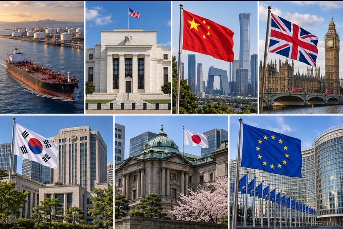 The image features iconic landmarks and flags of the US, China, UK, South Korea, Japan, and the EU, alongside a crude oil tanker, representing the major global economies and energy markets central to next week's key events—rising oil prices, US–Iran tensions, Q3 GDP, CPI inflation, and a $13B Treasury auction involving major players like $META and $TSLA.