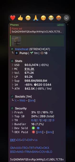 A Telegram-style meme coin tracking interface showing 'trenchchat ($TRENCHCAT)' with stats including a $14.3K market cap, 988.6M/988.6M supply, and various DEX and security metrics.