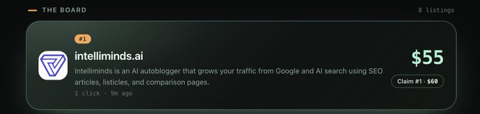 A dark-themed leaderboard graphic shows "intelliminds.ai" ranked #1 on "THE BOARD" with 8 listings, priced at $55 with a "Claim #1 - $60" button. The post promotes ranknow.lol as a competitive platform where a screenshot of a high-priced claim listing is used to illustrate the opportunity to secure top spots.