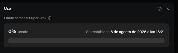 A screenshot of a usage panel titled "Uso" shows "0% usado" under "Límite semanal SuperGrok," with the reset date "8 de agosto de 2026 a las 18:21." It visually reinforces the post's claim that the user has saved all their tokens for a future update.