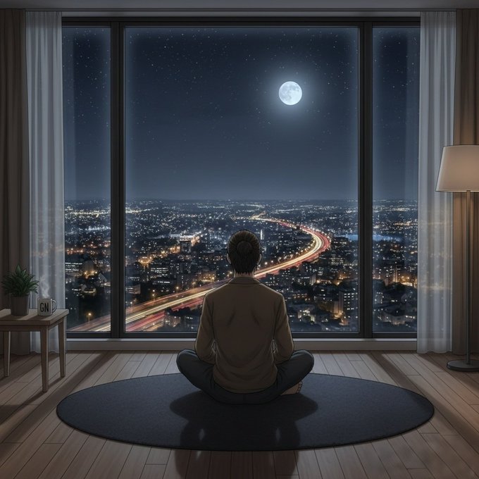 An anime-style illustration of a person with a braided bun sitting cross-legged on a round mat in a dimly lit room, gazing out a large window at a moonlit city skyline with glowing light trails.