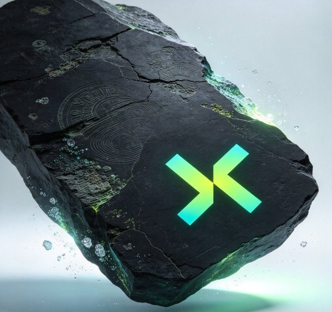 A 3D rendered image of a dark stone tablet floating in water with green-glowing liquid, featuring an illuminated teal 'X' logo and ancient carvings etched into its surface.