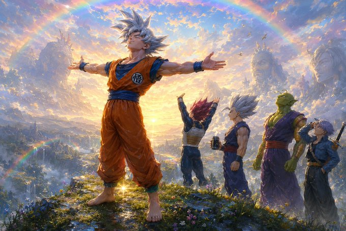 An epic anime-style illustration of a Super Saiyan character with arms outstretched, accompanied by other warriors on a cliffside with a rainbow and dragon in the background.