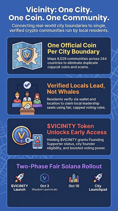 An infographic titled 'Vicinity: One City. One Coin. One Community.' describing a crypto project with one official coin per boundary across 8,029 communities, verified local leadership, $VICINITY token benefits, and a two-phase Solana rollout timeline.