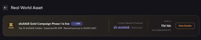 A digital interface showing a 'slisXAUE Gold Campaign Phase 1' promotion marked as LIVE, with 'Current Reward Threshold: 20 slisXAUE' and 'Ends in 17d 14h'.