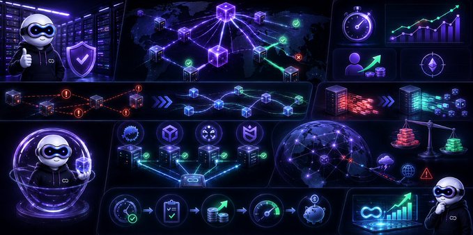 A futuristic purple and blue digital dashboard featuring cartoon panda characters in masks, network diagrams, cryptocurrency symbols, and various icons representing servers, security shields, and analytics charts.