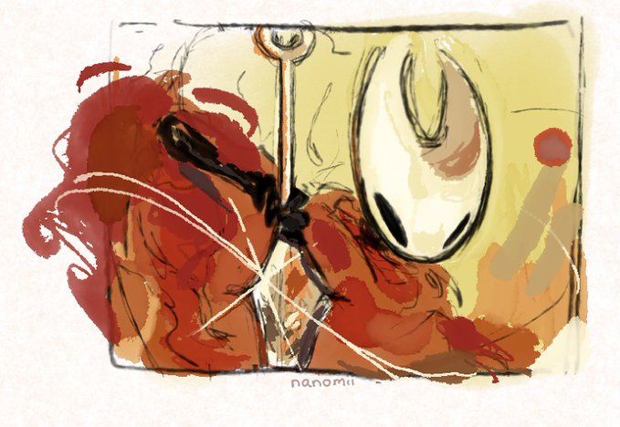 A loose, expressive digital sketch rendered in warm reds, browns, and yellows shows a hooded figure holding a glowing staff or weapon, with the word "nanomi" written at the bottom. The drawing's title "Hornet" is reflected in the pointed, mask-like hood resembling a hornet's face and the dynamic, threatening energy of the pose.