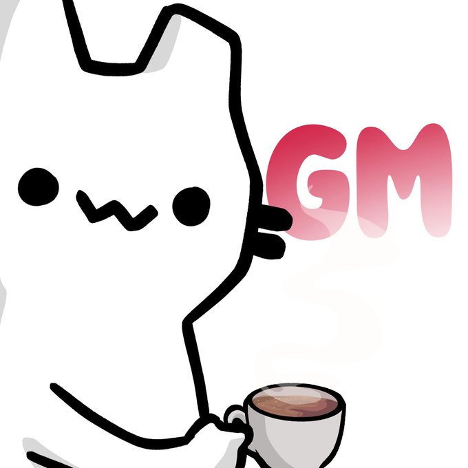 A cute, simply-drawn white character holds a coffee mug while the pink letters "GM" appear behind it, visually representing the cheerful "good morning" greeting.