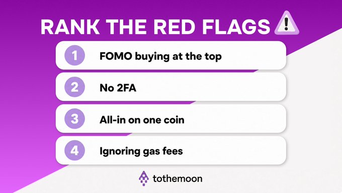 Infographic titled 'RANK THE RED FLAGS' listing: 1) FOMO buying at the top, 2) No 2FA, 3) All-in on one coin, 4) Ignoring gas fees, branded by tothemoon.
