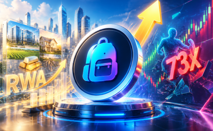 Colorful promotional graphic with a backpack wallet icon in the center, flanked by 'RWA' with gold and real estate imagery on the left and '73X' with a stock chart and rising arrow on the right.