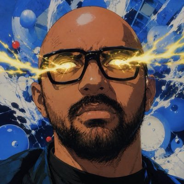 A stylized digital illustration shows a bald, bearded man wearing sunglasses with glowing yellow energy beams shooting from the lenses, set against a vibrant blue and white abstract background. The intense, powerful visual evokes a sense of visionary dominance and breakthrough energy, reinforcing the bold claim that Sui represents the fastest blockchain possible through its parallel execution capabilities.