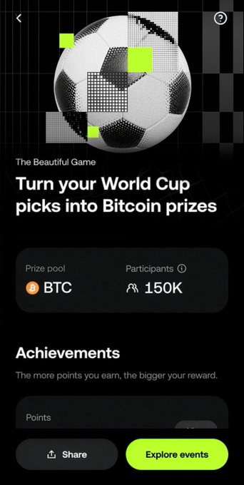 The image shows a smartphone screen with an app that promotes Bitcoin. The main focus of the app is a soccer ball, which has been turned into a digital advertisement for Bitcoin. The text on the screen encourages users to "turn your World Cup picks into Bitcoin prizes" and highlights the benefits of using Bitcoin in the context of the World Cup. The app also provides information about how to participate in the Bitcoin pool and shares details about events where people can explore Bitcoin.