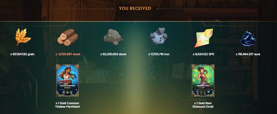 A video game 'YOU RECEIVED' screen showing large quantities of resources (grain, wood, stone, iron, SPS, aura) and two character cards labeled '1 Gold Common Tireless Fernhand' and '1 Gold Rare Kinbound Druid'.