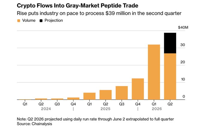 A bar chart titled "Crypto Flows Into Gray-Market Peptide Trade" shows quarterly volumes from Q1 2024 through Q2 2026 (projected), with transactions rapidly scaling from near zero in Q1 2024 to $32M in Q1 2026 and an extrapolated $40M projection for Q2 2026, based on Chainalysis data—illustrating the explosive growth in crypto payments to peptide vendors that accompanies the post's $32M Q1 2026 figure.