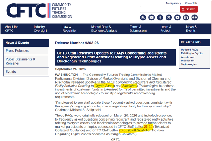The image shows a CFTC press release (Release Number 9303-26) from September 24, 2026, announcing updates to FAQs concerning registrants and registered entity activities related to Crypto Assets and Blockchain Technologies, which aligns with the accompanying post about the CFTC's new crypto guidance covering tokenized investments and blockchain-based recordkeeping. The release is attributed to CFTC Chairman Michael S. Selig and references CFTC Staff Letter 25-39 regarding tokenized collateral guidance.