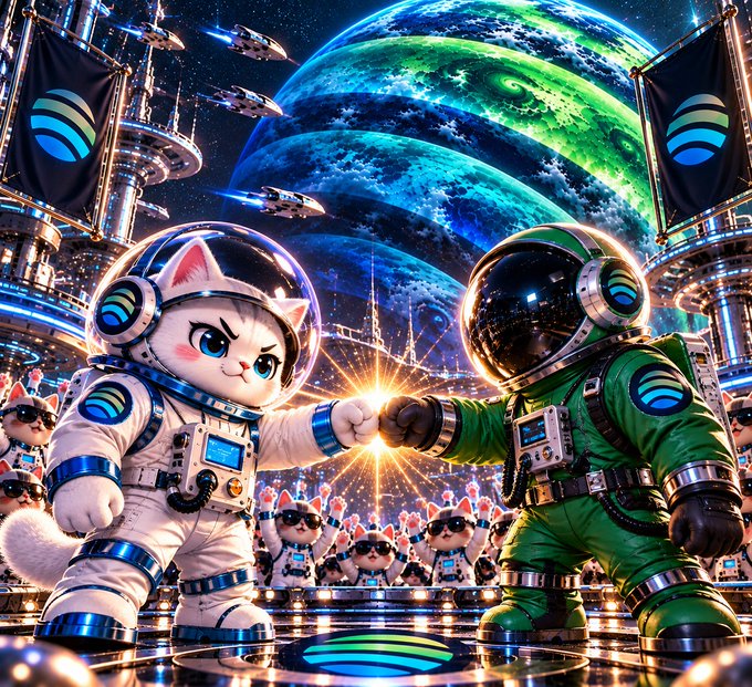 A vibrant AI-generated image showing two astronaut characters - one resembling a cat and another in green - fist-bumping in front of a large blue and green planet in space.
