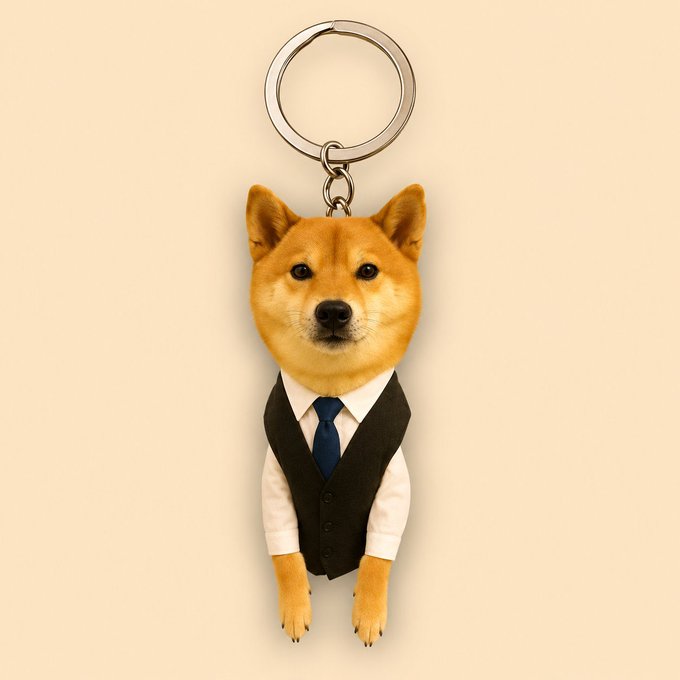 A surreal digital art piece showing a Shiba Inu dog wearing a white dress shirt, navy blue tie, and black vest, designed as a keychain with a metal ring at the top, against a beige background.