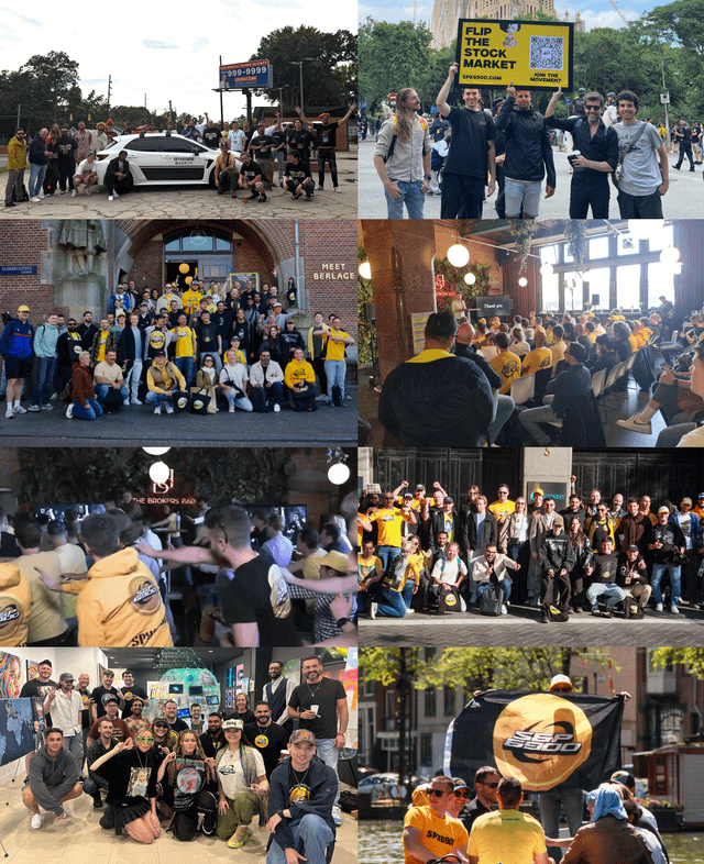 A collage of group photos showing SPX6900 community members gathering in various locations, with visible text including "FLIP THE STOCK MARKET - SPX6900.COM" on a yellow sign. The images depict enthusiastic meetups of people wearing matching yellow SPX6900 merchandise, illustrating the growing community backing the project referenced in the caption as an early investment opportunity before significant growth.