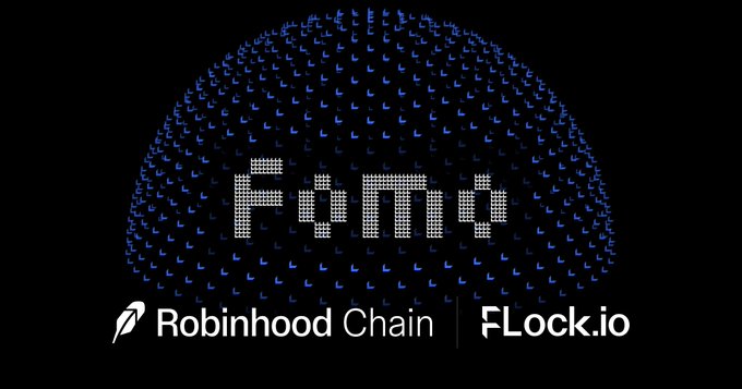 A dark graphic displays the 'FLock' logo composed of pixelated text overlaid on a dome of small blue icons, with 'Robinhood Chain' and 'FLock.io' branding at the bottom.