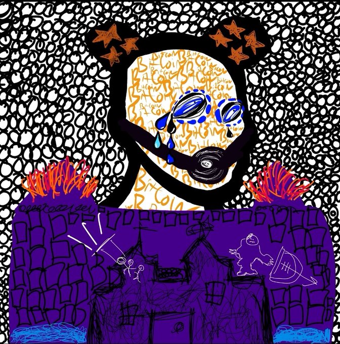 An abstract colorful drawing of a figure with blue sunglasses, a gas mask, and orange stars on its head, wearing a purple garment decorated with a chaotic scene, set against a black and white patterned background.