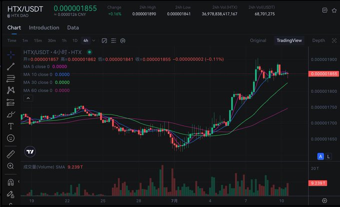 The chart displays the HTX/USDT trading pair, with the HTX token showing a significant upward trend. The data highlights the token's performance in terms of price, volume, and change over time, reinforcing the post's claim of its rise.