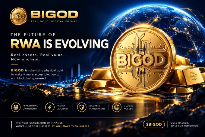 A promotional banner for 'BIGOD' advertising tokenized physical gold with the tagline 'THE FUTURE OF RWA IS EVOLVING,' highlighting features like fractional ownership, faster liquidity, and global access, with the ticker 'SBIGOD' shown.