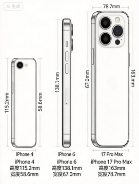 A size comparison diagram showing the dimensions of iPhone 4, iPhone 6, and iPhone 17 Pro Max in both millimeters and Chinese units.