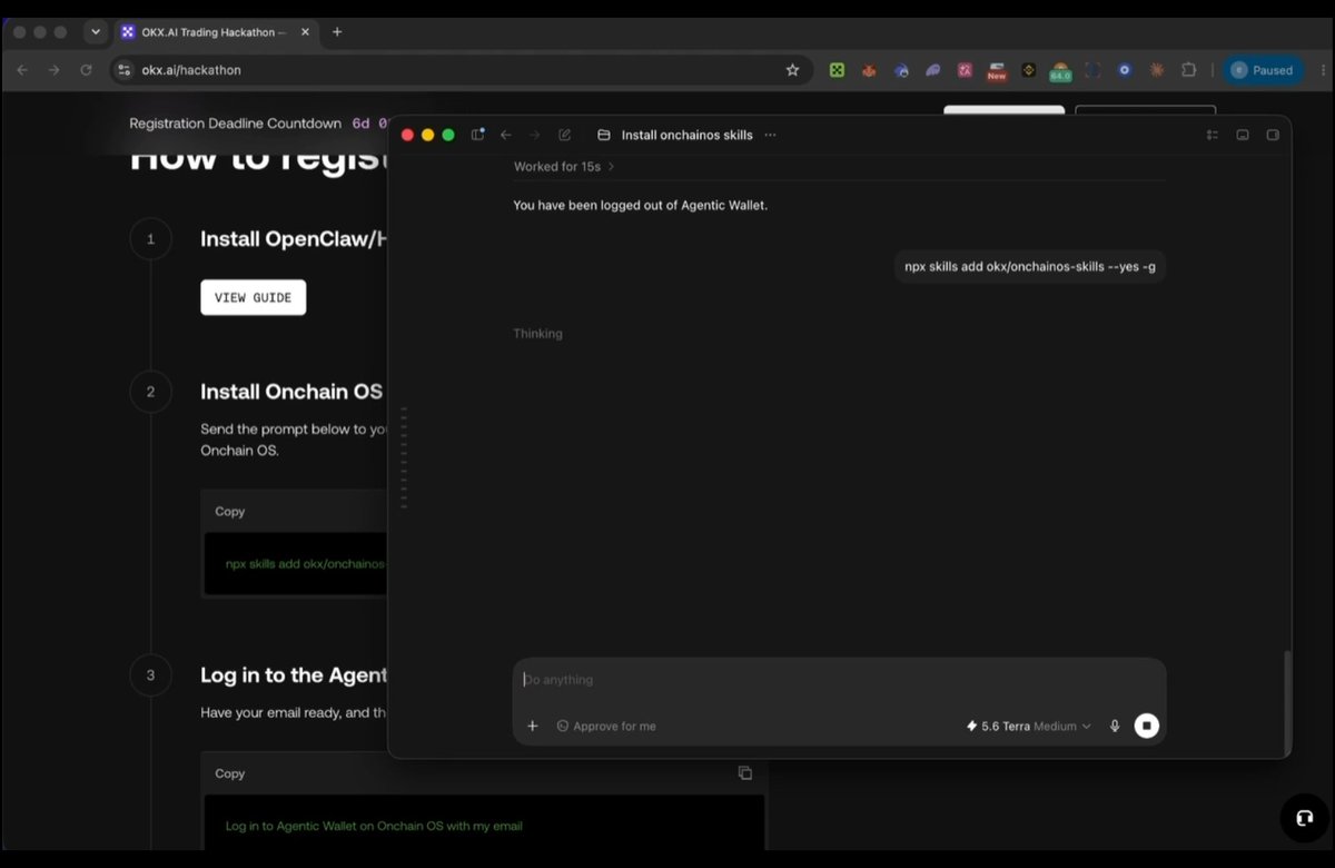 A screenshot of the OKX AI Trading Hackathon page at okx.ai/hackathon, showing installation steps for OpenClaw/Onchain OS, with a terminal window overlay displaying the message "You have been logged out of Agentic Wallet" and the command "npx skills add okx/onchains-skills --yes -g" being processed.