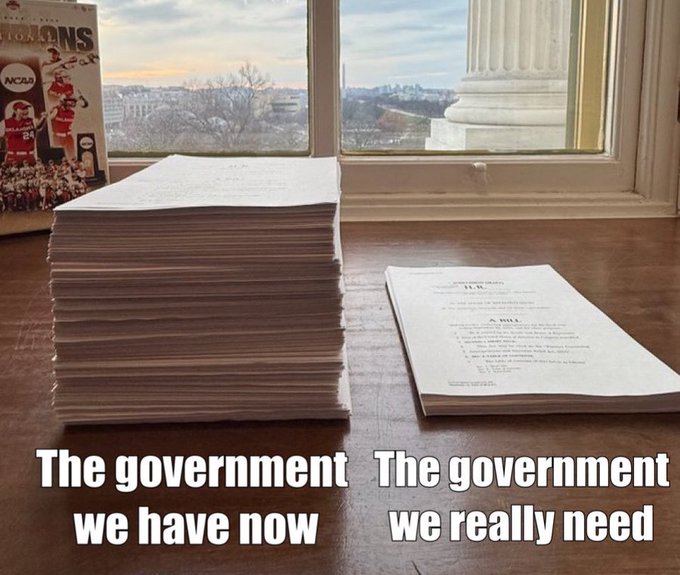 A meme showing a massive stack of papers labeled 'The government we have now' next to a small single paper labeled 'The government we really need,' with a view of the US Capitol through a window in the background.