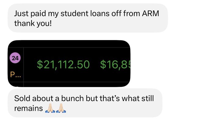 A text message exchange celebrating paying off student loans from ARM, with a screenshot showing account balances of $21,112.50 and $16,85..., and a reply mentioning selling a bunch with prayer hands emojis.