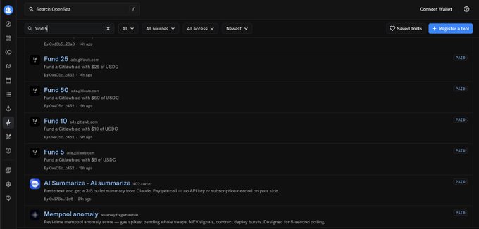 The image shows a search results page on OpenSea for "fund," displaying various listings such as "Find 25," "Fund 50," "Fund 10," and "Fund 5" from the collection eth.giftsxo.com, with prices ranging from $3 to $50 in USDC, along with other tools like "AI Summarize" and "Mempool anomaly." This relates to the post about "gitlawb & opensea," likely referencing the GitLaw B NFT collection's activity or listings on the OpenSea marketplace platform.