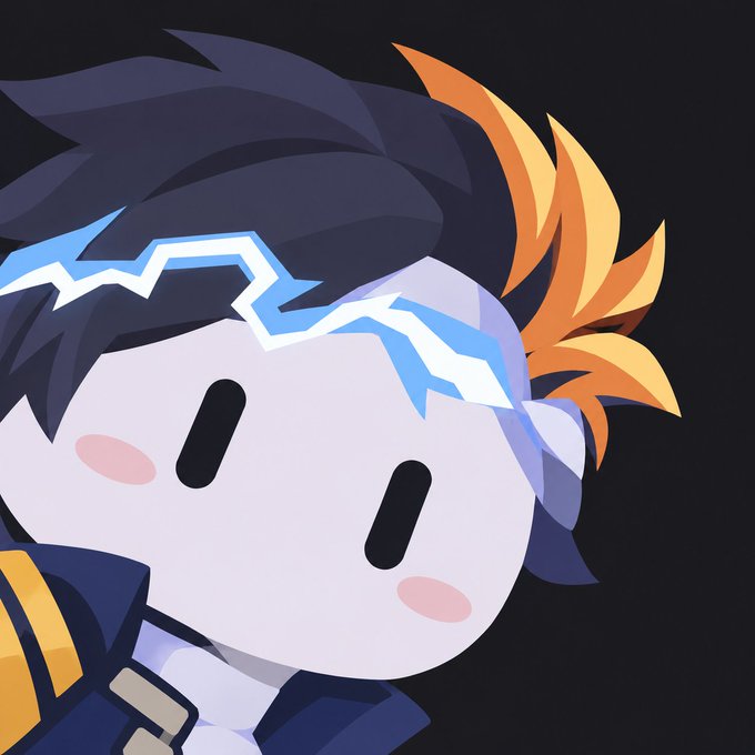 Close-up of a chibi-style character with spiky dark blue hair, orange flame-like hair accents, and a blue lightning-shaped visor against a dark background.