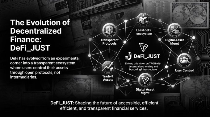 An infographic titled 'The Evolution of Decentralized Finance: DeFi_JUST' explains the DeFi ecosystem on TRON, highlighting features like transparent protocols, user control, and digital asset management.