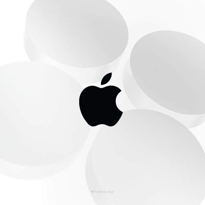 The image displays a stylized Apple logo at the center, surrounded by abstract gray circular shapes on a white background, with "tokens.xyz" watermarked at the bottom. This visual directly represents Apple Inc. ($AAPL) as referenced in the post, complementing the headline about the stock's 3.5% surge to $333.