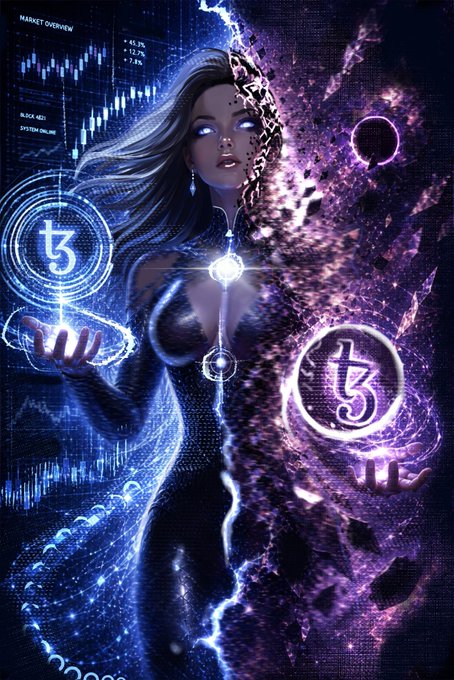 A digital art piece of a futuristic female figure split between human and cosmic/cyber elements, surrounded by cryptocurrency symbols resembling Tezos (XTZ) and stock market data, with 'MARKET OVERVIEW' text visible.