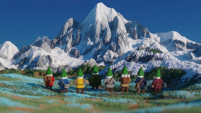 A whimsical scene shows small gnome-like figures with green hats standing in a grassy field, gazing up at a massive snow-capped mountain.