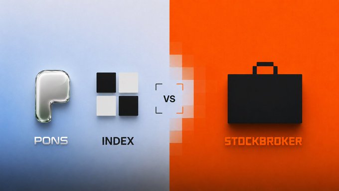 The image illustrates a comparison between "PONS Index" and "Stockbroker," featuring icons of a stylized "P," a grid pattern labeled "INDEX," and a black briefcase on a split blue and orange background with a "VS" symbol between them. The post simply says "Yes," likely affirming or endorsing one of the options presented in the visual comparison.