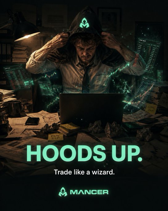 A dark, dramatic advertisement featuring a man putting on a hood with a glowing teal logo, surrounded by floating trading charts, with the text 'HOODS UP. Trade like a wizard.' and 'MANCER'.