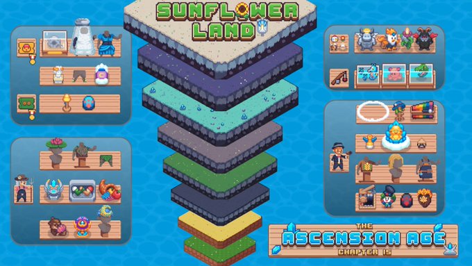A promotional graphic for 'SUNFLOWER LAND: THE ASCENSION AGE' features a central stack of isometric terrain blocks flanked by inventory shelves displaying various pixel-art items and characters.