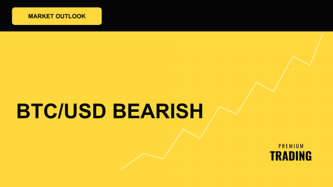 A yellow graphic titled 'BTC/USD BEARISH' labeled 'MARKET OUTLOOK' and 'PREMIUM TRADING', showing an upward trending line chart.