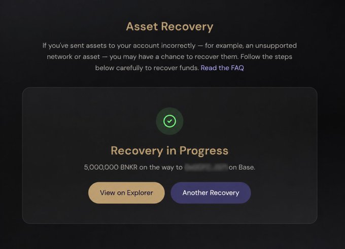 A screenshot of a cryptocurrency 'Asset Recovery' page showing 'Recovery in Progress' for 5,000,000 BNKR, with buttons to 'View on Explorer' and 'Another Recovery.'