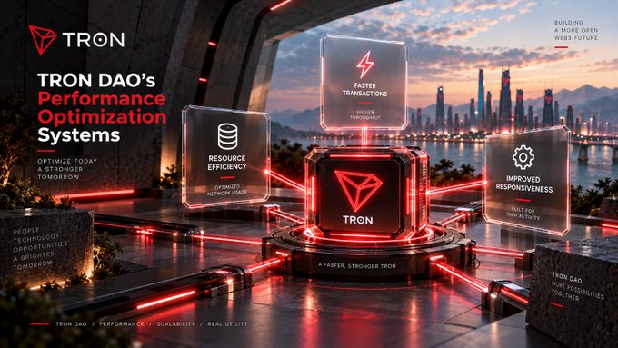 A futuristic promotional graphic for TRON DAO's Performance Optimization Systems, highlighting 'FASTER TRANSACTIONS', 'RESOURCE EFFICIENCY', and 'IMPROVED RESPONSIVENESS' against a sci-fi cityscape with the tagline 'BUILDING A MORE OPEN WEB3 FUTURE'.