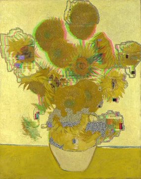 An artistic rendering of Vincent van Gogh's "Sunflowers," featuring a vase of yellow sunflowers against a yellow background with digital glitch effects.