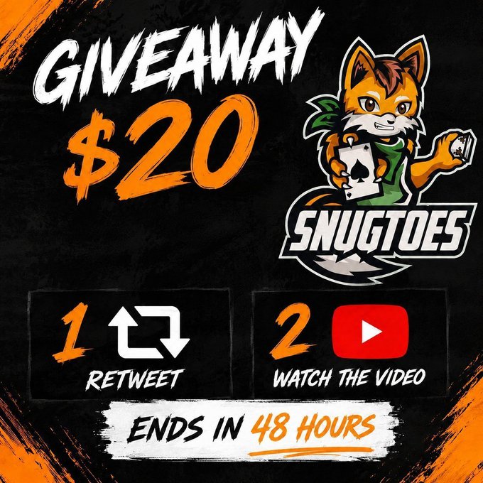 A giveaway graphic for "Snugtoes" offering a $20 prize, featuring an orange fox cartoon mascot holding playing cards, with instructions to retweet and watch a YouTube video within 48 hours. The image visually corresponds to the accompanying post promoting the crypto giveaway.