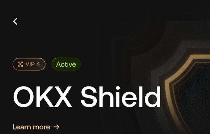 The image displays a dark-themed promotional graphic for "OKX Shield," featuring a "VIP 4" badge and an "Active" status indicator, with a "Learn more" call-to-action link below. The graphic relates to the post by highlighting OKX's security feature, emphasizing the platform's proactive approach to protecting user funds through measures like passkeys, device checks, and withdrawal safeguards.