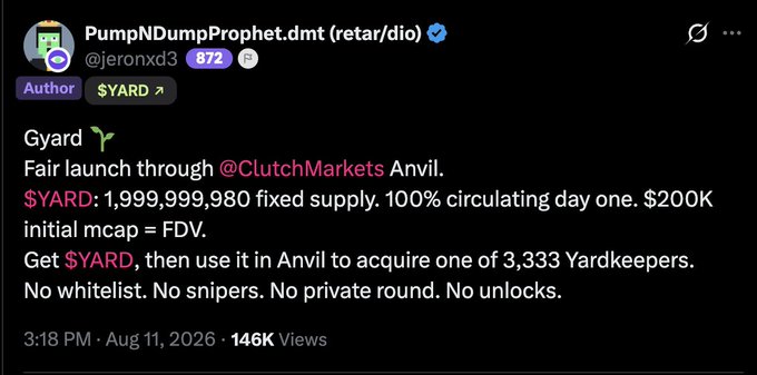 A tweet by @jeronxd3 ($YARD author) announces "Ggyard" as a fair launch on ClutchMarkets Anvil with a $200K initial mcap = FDV, 1,999,999,980 fixed supply, 100% circulating day one, and claims of no whitelist, snipers, private round, or unlocks. The accompanying post contradicts these fair launch claims, alleging the team secretly launched 6 minutes early, started with a $3M market cap favoring bots, and pre-sold NFTs at inflated prices before the public announcement.